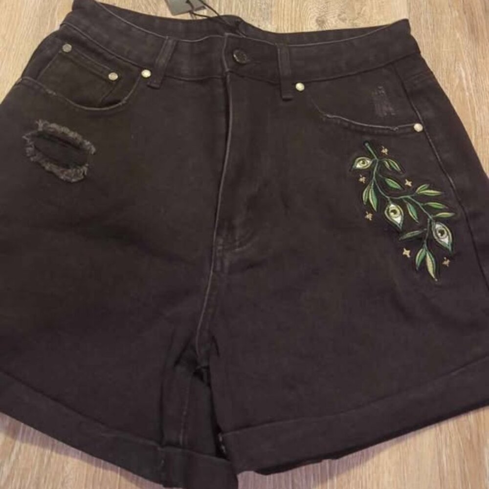 Disturbia Black Jean Shorts with Green Embroidered Leaves